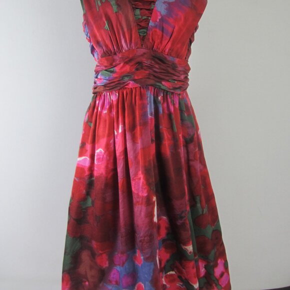 Banana Republic Womens 6 Red Green Blue Floral Empire Waist Silk Dress Small - Picture 9 of 12